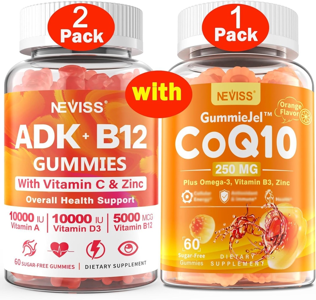 NEVISS 2Pack ויטמין ADK עם B12 חניכיים + 1Pack CoQ10-250 מ"ג מלא חניכיים