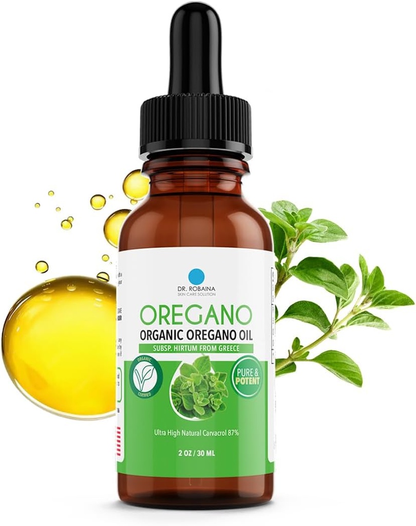 Dr. Robaina Organic Oil of Oregano Drops 87% Carvacrol - Wild Greek Oregano (Hirtum) Cold-Pressed in EVOO - 432 משרתים - Imm & Digest Support - אלכוהול ללא תשלום, טבעוני, non-GMO