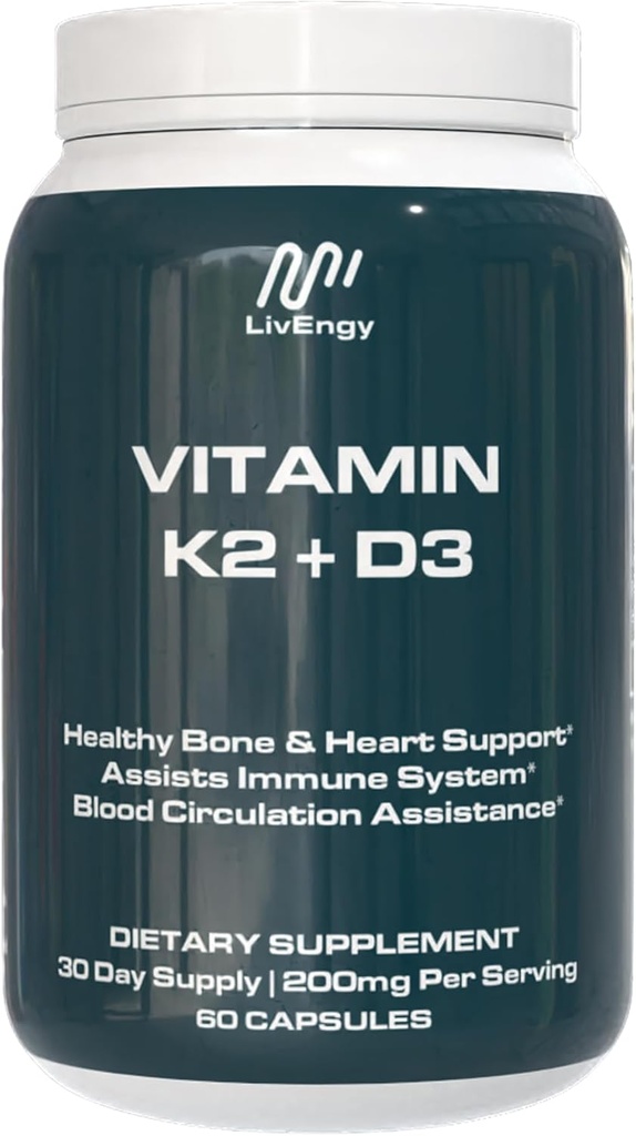 ויטמין K2 D3 תוסף - High-Potency - תומך העצם, הלב, בריאות החיסון - non-GMO, Gluten-Free, Vegetarian - 60 קפסולות (60 משרתים) - איכות פרימיום K2+D3 Formula