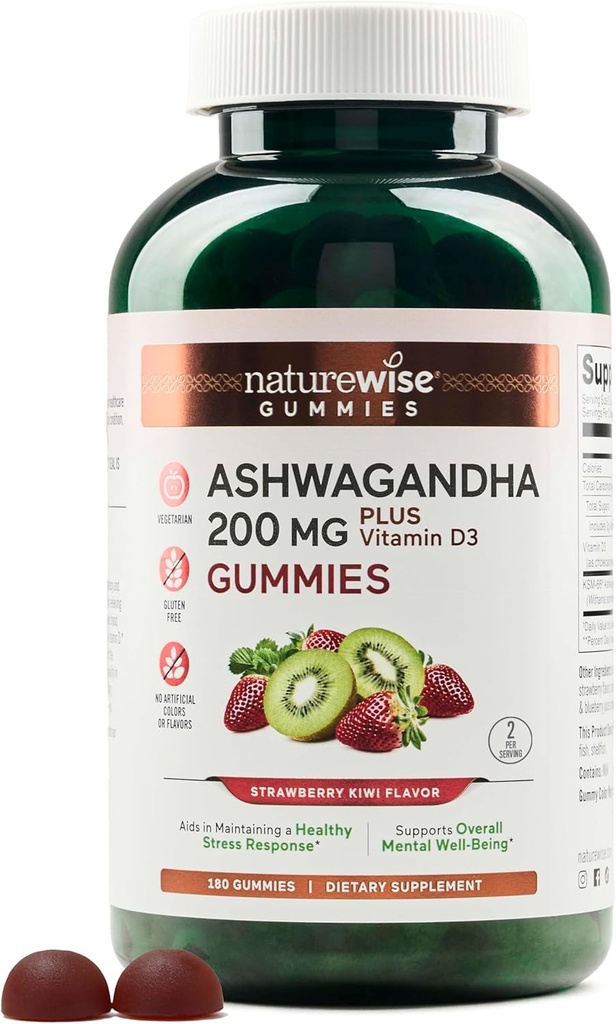 NatureWise Ashwagandha Gummies - Strawberry קיווי - KSM-66 עם ויטמין D3 - Calming Mood Support - Vegetarian - non-GMO, Gelatin ו Gluten Free - Count[3-Month Supply] Supply