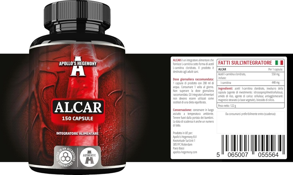 APOLLO'S HEGEMONY Acetyl L-Carnitine HCL 550 מ"ג, ALCAR 150 קפסולות טבעוניות, 5 חודשים אספקה, תוסף אמינו Acid, תומך בתפקודים קוגניטיביים ורמות אנרגיה