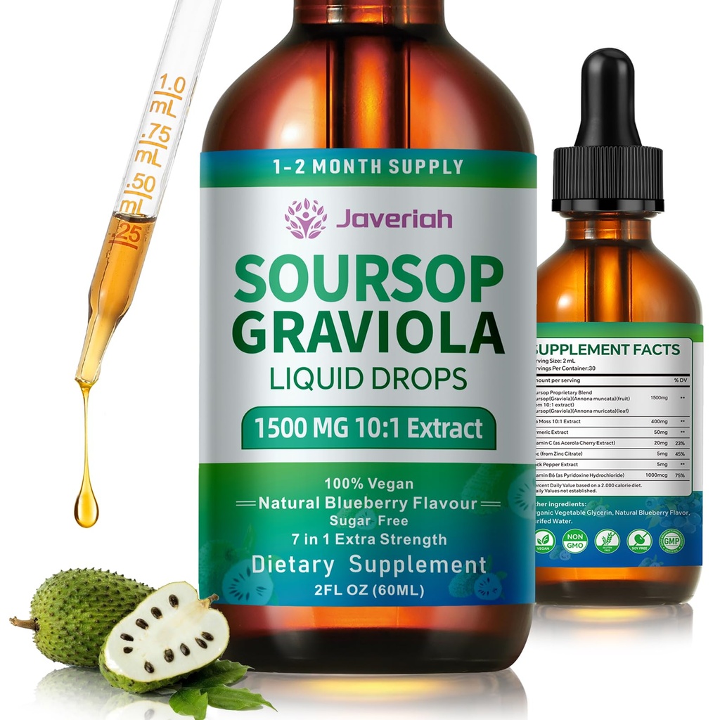 Soursop Graviola נוזל טיפות תוספת עם Sea Mosss לחלץ, Soursop Bitters נוזל עבור תמיכה תאים והתחדשות, Immunity, Liver, Antioxidant, Graviola עוזב את חילוף 2 חודשים 60ML תמיכה תאים
