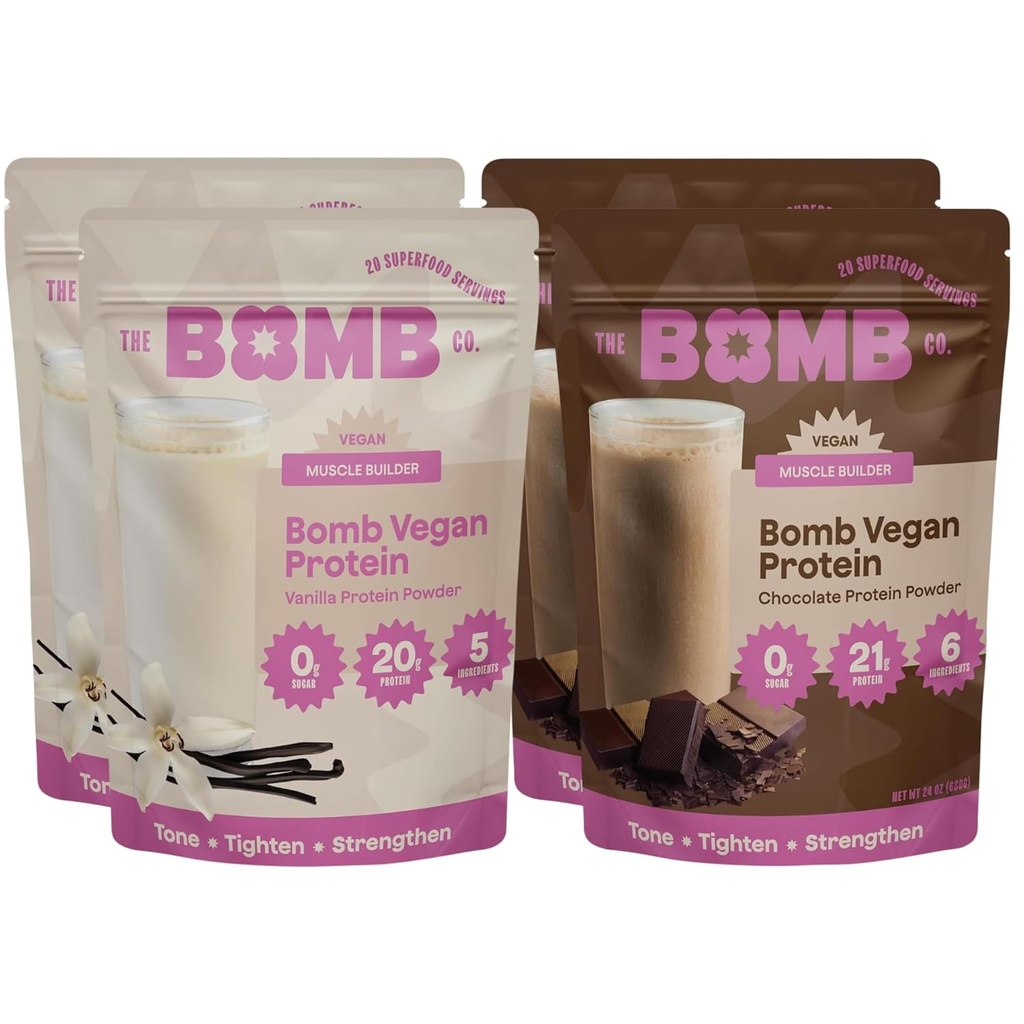בלנדר Bombs the Bomb Co. Bomb Plant חלבון, שוקולד ו וניל אבקת חלבון עם 21g חלבון, Amino Acids, Zero Sugar, Pea Protein, Cocoa, Chia Seeds, Vanilla & Monk פירות, 60 Srvgs