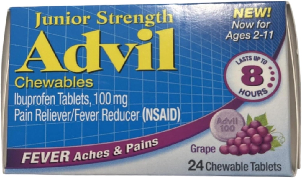 Advil Junior Chewable Ibuprofen Tablets, Grape 100 מ"ג, 24 Tablet כל (Pack of 4)