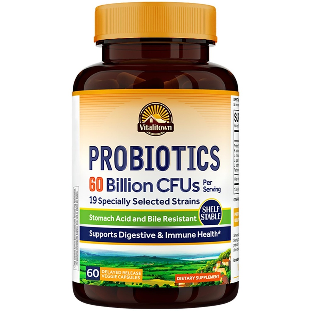 Vitalitown Probiotics + Prebiotics | 60 מיליארד CFUs 19 סטרינס | 60 נדחה Veg Caps | Shelf Stable, Prebiotics and Probiotics | בריאות העיכול, בריאות הנפש | בריאות הנפש | טבעונית, Non-GMO, No Milk