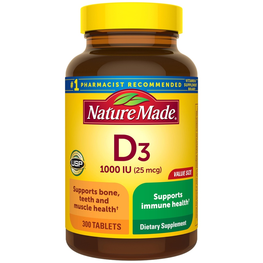 הטבע עשה ויטמין D3 1000 IU (25 mcg), ויטמין D עבור העצם, שיניים, שריר ותמיכה בריאות החיסון, 300 טבליות, 300 יום אספקה