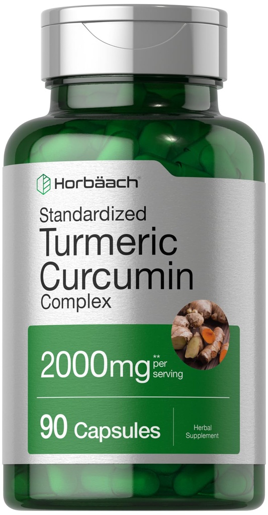 Horbäach Turmeric Curcumin תוסף 2000mg | 90 קפסולות | מורכבות עם Black Pepper | Non-GMO, Gluten Free