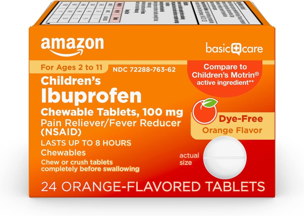 טבליות Ibuprofen Chewable של ילדים, כאב Reliever ו Fever מקטין, כתום פלאמור, ימי 2-11, נמשך עד 8 שעות, 100 מ"ג, 24 Count