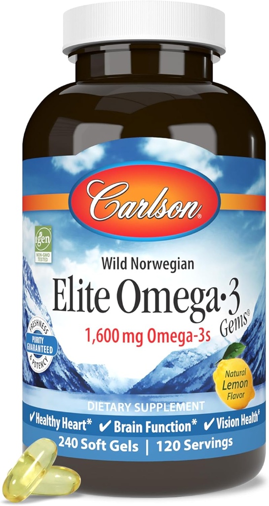 קרלסון Elite אומגה 3 Gems, 1600mg, Lemon Flavored, 240 Softgels