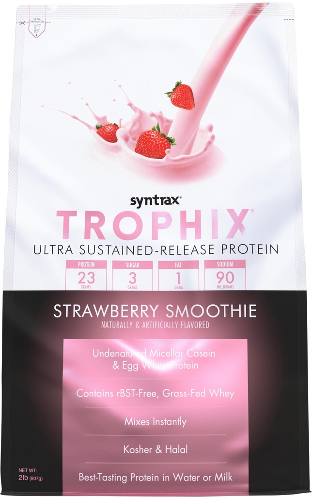 Syntrax Nutrition Trophix, Ultra Sustained-Release אבקת בלנדר, Strawberry Smoothie, 2 lbs.
