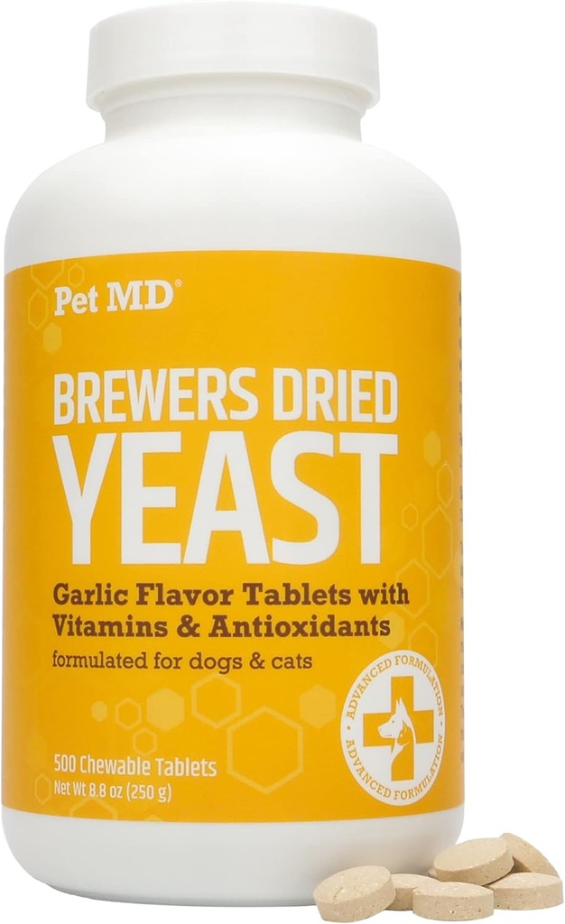 Pet MD Garlic & Brewers Yeast for Dogs & Cats - Garlic and Yeast Plus Antioxidants - טבליות Yeast של ברונר לכלבים & חתולים - ויטמין B 1 & ויטמין C - 500 ct
