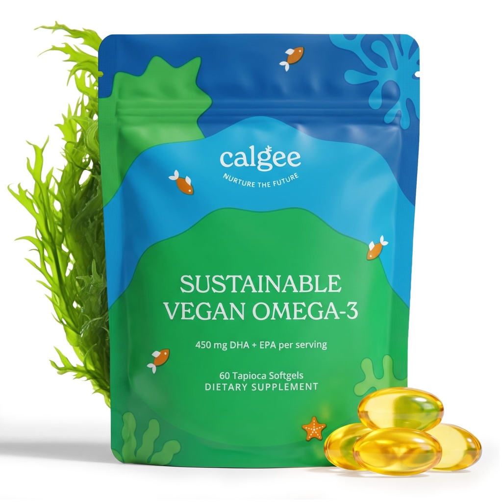 Calgee Vegan אומגה 3450 מ"ג DHA & EPA Fatty Acids - Sustainable Algae Oil - Plant- Based Fish שמן אלטרנטיבי - Carrageenan-Free Softgels (60 Ct)