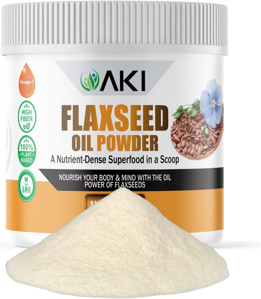 אבקת שמן AKI Flaxseed - ארוז עם חומרים מזינים חיוניים כמו אומגה 3 חומצות שומן, סיבים, Lignans - חינם מתוספת מלאכותית, עשוי עם חומרים אידיאליים באיכות (5.30oz / 150g)