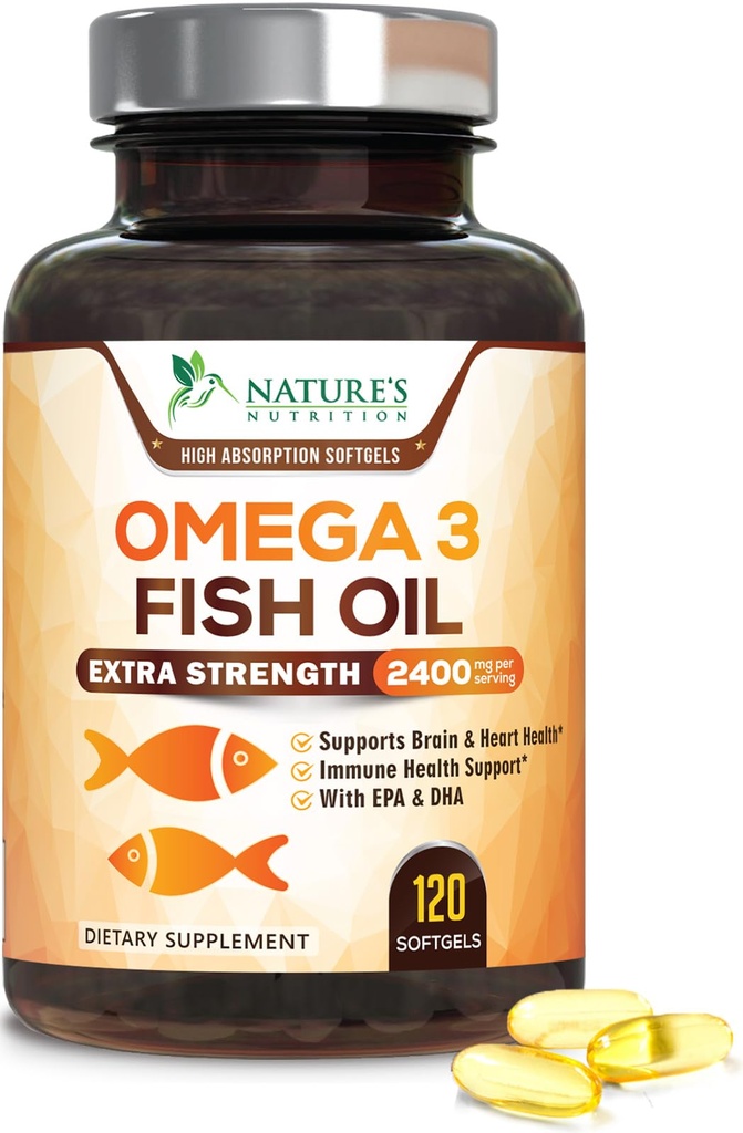 אומגה 3 שמן דגים 2400 מ"ג - תוספת כוח משולש EPA & DHA Fatty Acids for Heart, Brain & Joint Support - Wild-Caught, Burpless, Lemon Flavor - Natural, non-GMO, Gluten-Free - 120 Softgels