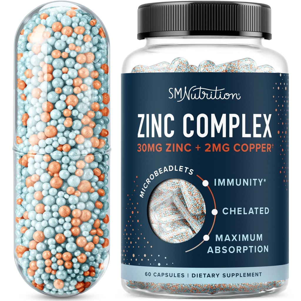 Znc תוסף Microbeadlets עם Copper עבור תמיכה Immune; גבוה מאוד Absorbable Zinc Bisglycinate & Orotate עם 2 מ"ג Chelated Copper + ויטמין B6 | טבעוני, Gluten-Free | 60 קפסולות (2 חודשים אספקה)