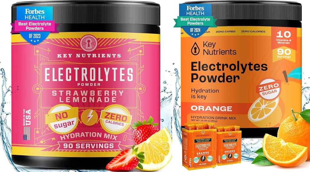 KEY NUTRIENTS Electrolytes & Multivitamin hydrotion אבקת Bundle - גוסי סטרוברי Lemonade & Tangy Orange אלקטרוליט אבקות (90 משרתים כל אחד) - סוכר חינם, Keto-Friendly, No Calorieslyte אבקות, No Calorieslyte