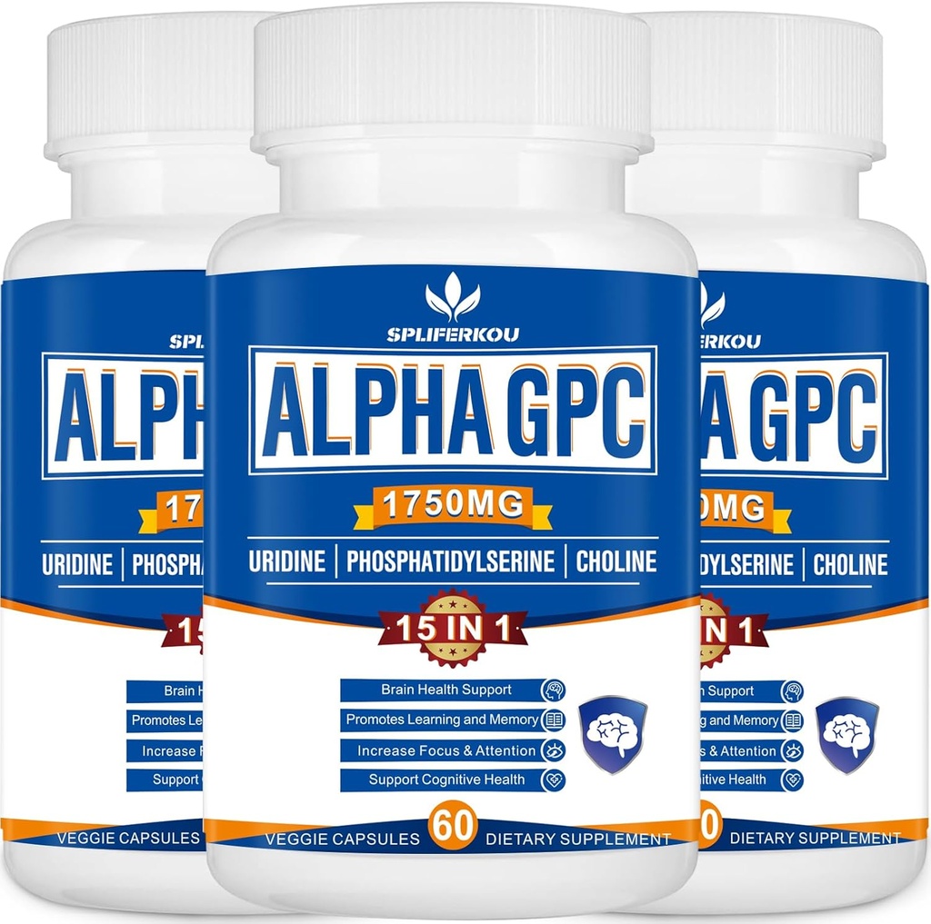 15in-1 אלפא GPC תוספת עם Phosphatidylserine, Uridine, L-theanine, Lion's Mane Mushroom, 180 קפסולות