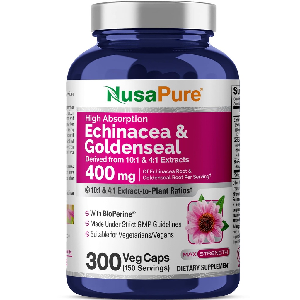 NusaPure Echinacea Goldenseal 200 מ"ג, (Extract 10:1, Equivalent to 2,000 מ"ג), 200 מ"ג, (Extract 4:1, Equivalent to 800mg) - 2800 מ"ג 300 Veggie Caps (Veggie Caps) (Veggie Caps (Vgetarian, non-GMO, טבעוני)