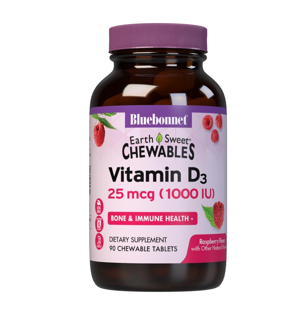 Bluebonnet Nutrition Earth Sweet ויטמין D3 1000IU - Bone & Immune Support Supplement - Raspberry Chewable ויטמין D תוסף לנשים וגברים - Soy-Free, Gluten-Free, non-GMO - 90 טבליות