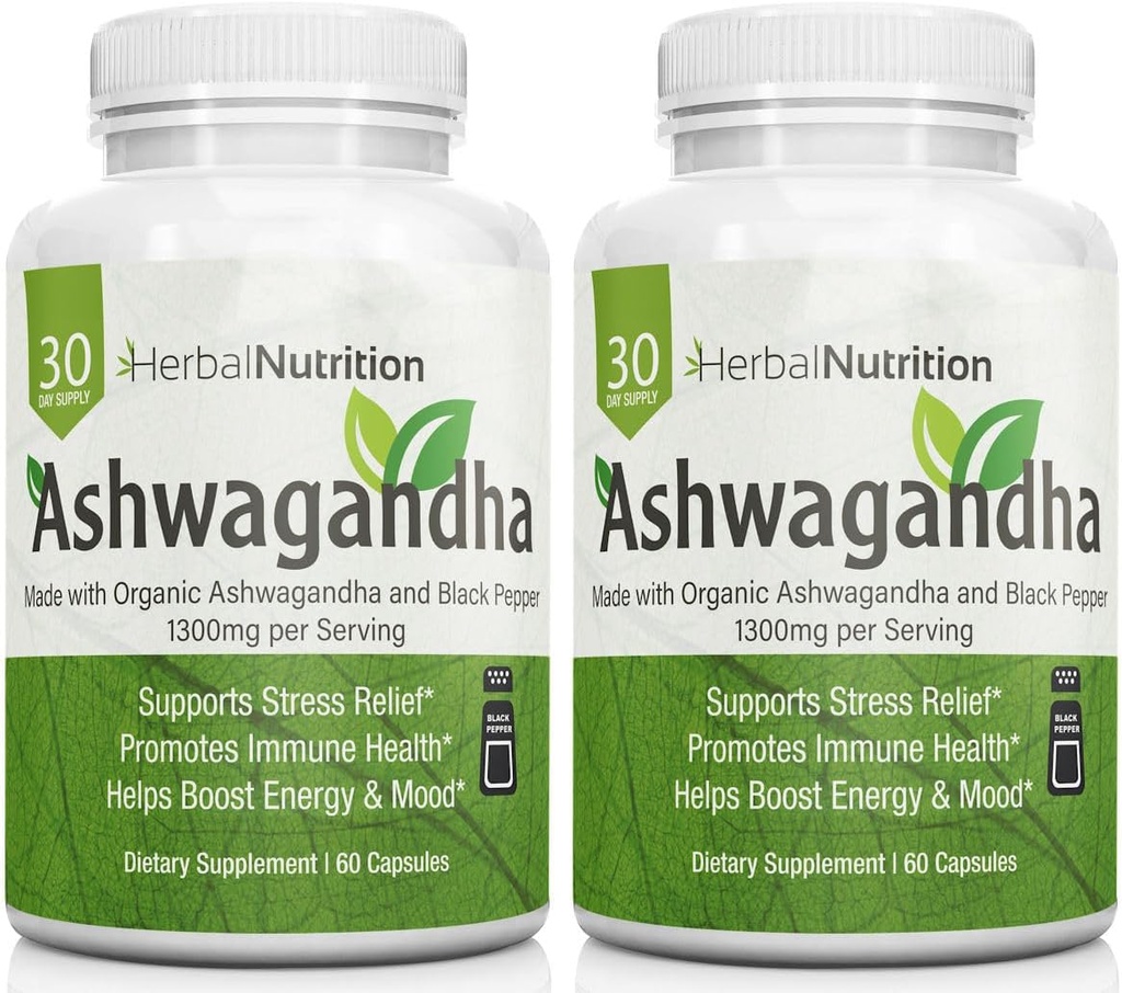 Herbal Nutrition Organic Ashwagandha 1300 מ"ג מקס כוח, שתי חבילות בקבוק, 120 קפסולות פלוס Black Pepper עבור Bioavailability