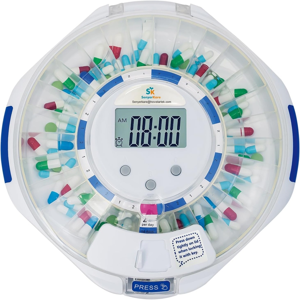 SenyerKare 28-Day Automatic Pill Dispenser עם אזעקה & אלצהיימר, מארגנת התרופות W/Easy-Read LCD Display, Sound & Light & Key התראות עבור תרופות, ויטמינים, תוספים, Clear Lid