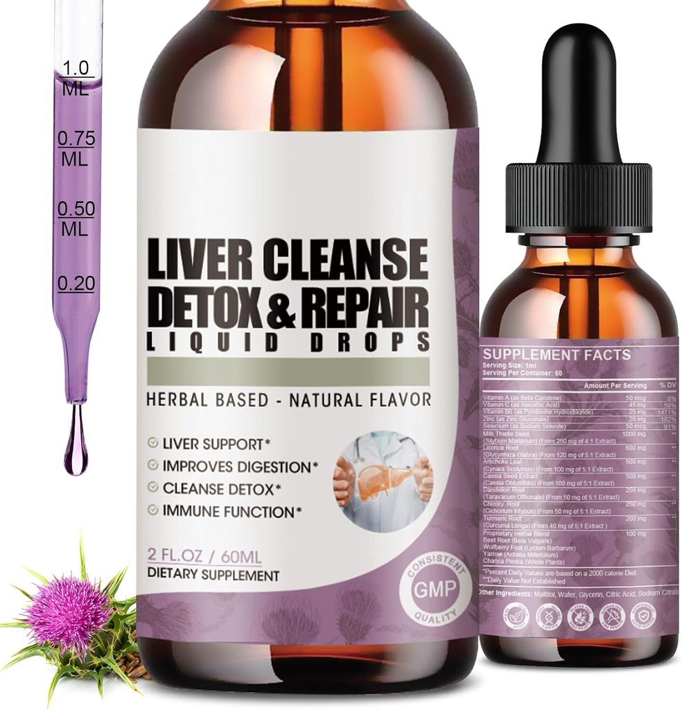 2 Pack Liver ניקוי של Detox & תיקון נוזל טיפות עם שביל החלב, Artichoke Extract, Liver תוספת עבור Liver ניקויse & Detox, Antioxidant, תמיכה עיכול, Vegan - 4 Fl Oz Oz