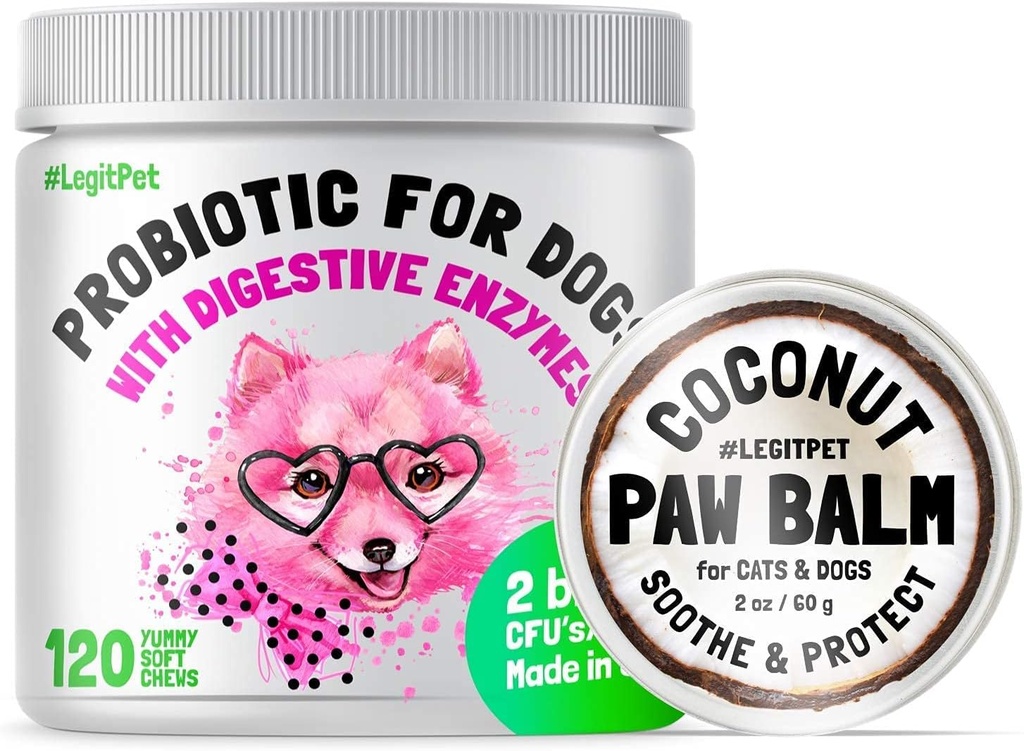 LEGITPET Probiotics for Dogs with Natural Digestive Enmes + Prebiotics for Allergy & Itch Relief 120 Chews Soft ו- Paw Balm Wax Sother & Moistzer Cream with Natural קוקוס שמן 2oz Bundle