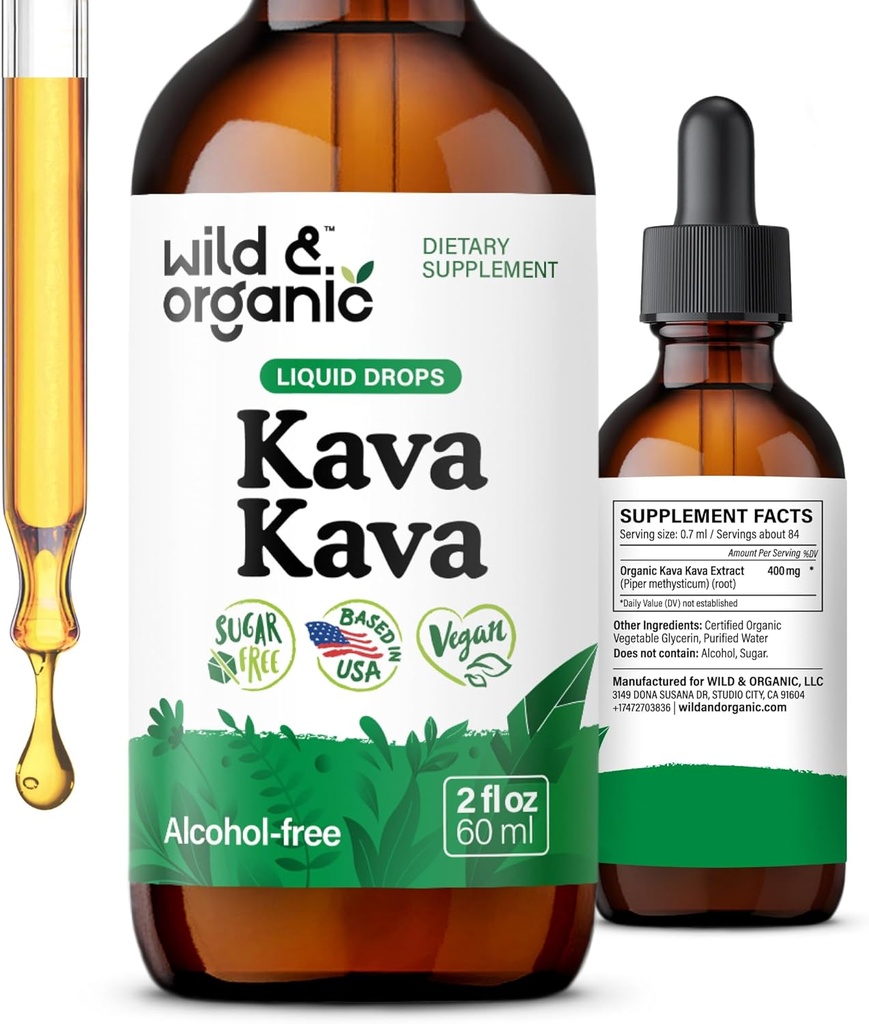 Wild & אורגני Kava Tincture 400 מ"ג - תוסף תמיכה Mood - Calming Root Extracts - 2-Month אספקה - טבעוני, סוכר ואלכוהול חינם טיפות - 2 fl oz