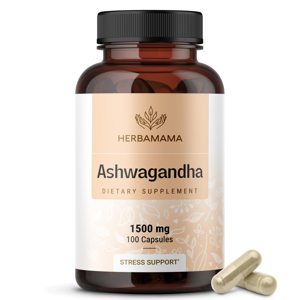 HerBAMAMA Ashwagandha קפסולות - 1500 מ"ג טהור Ashwagandha Root Focus - טבעוני, non-GMO Mood & Calm תמיכה תוספי למבוגרים, 100 Caps