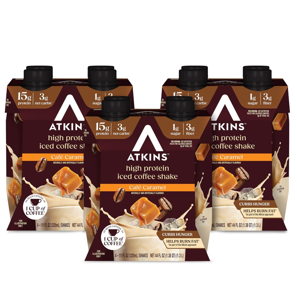Atkins קפה קארמל Iced Coffee Flavored Protein Shake, High Protein Shake, Low Glycemic, Low Carb ונמוך סוכר, Keto Friendly, Gluten Free, 12 Count