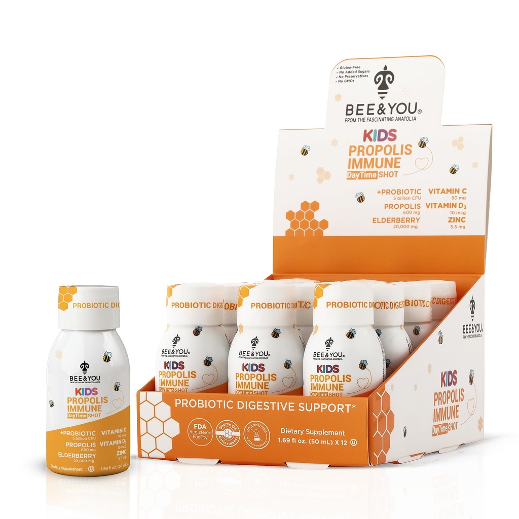 Bee and You Kids Propolis Immune Day Time Shot - פרוביוטיקה, ויטמין C, ויטמין D3, Zinc, Immune Support, Gut Health, Digest, 1.69 Fl. oz, 12 Pack