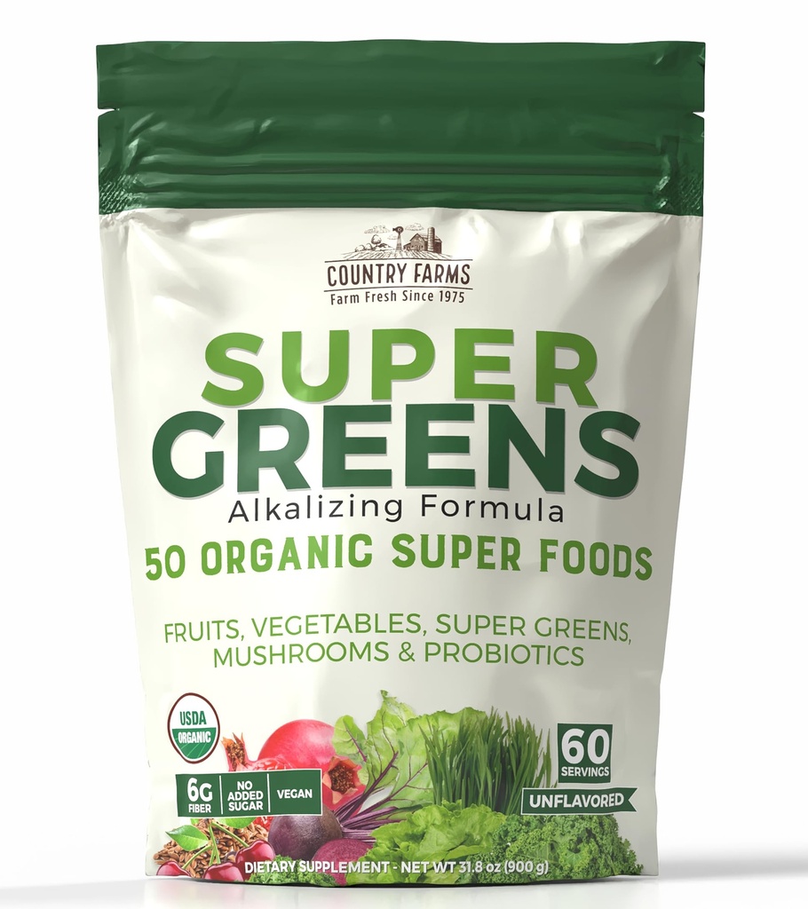 חוות כפריות Super Greens Natural Flavor, 50 מזונות סופר אורגני, USDA אורגני לשתות, פירות, ירקות, סופר ירוק, עם סיבים, Mushrooms & Probiotics, תומך אנרגיה, 60 משרתים, 900g