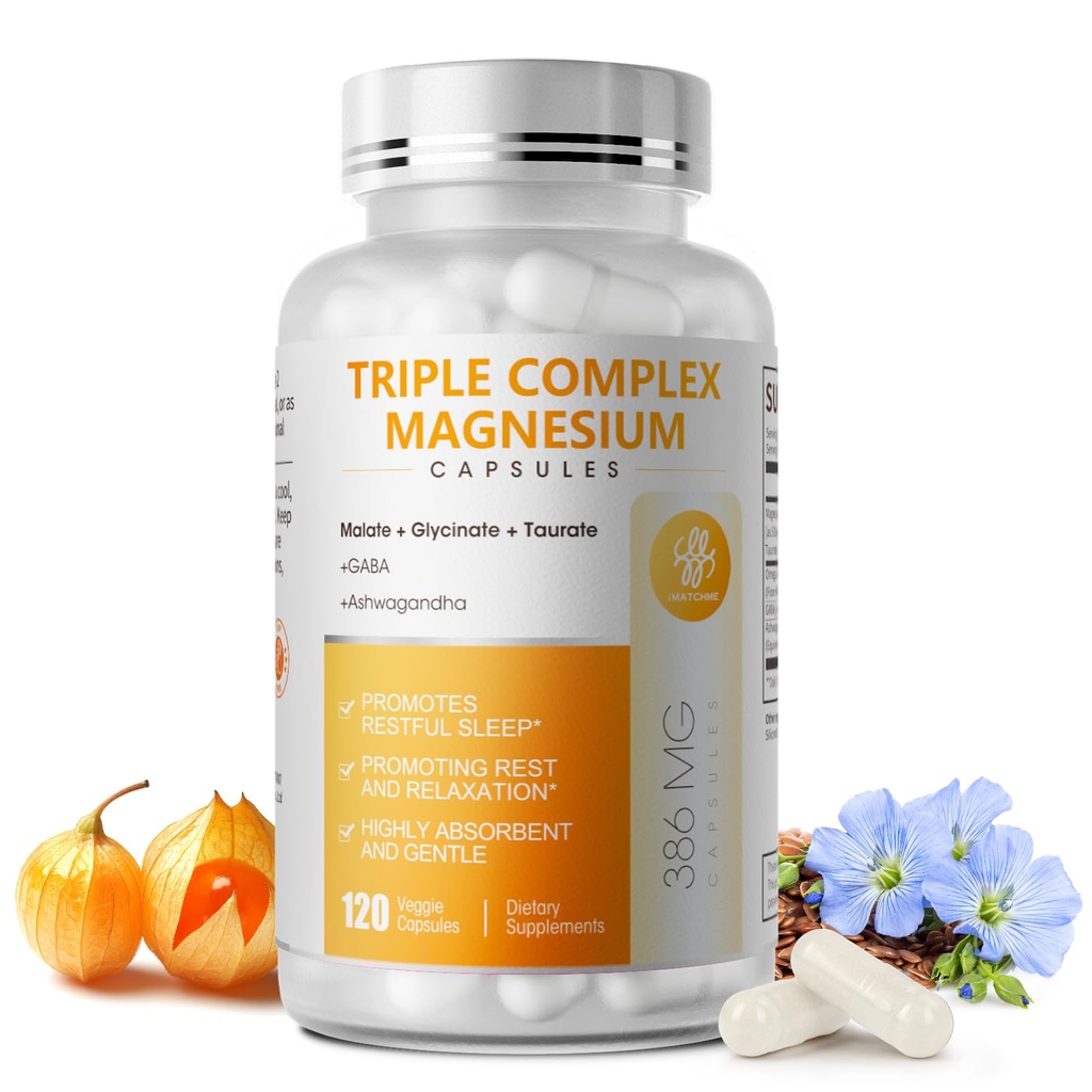 משולש Magnesium Complex - Magnesium Glycinate, Turate & Malate תוספת עם אומגה3, Ashwagandha, GABA for Sleep, Brain & שריר תמיכה - High Absorption ו Gentle, טבעוני 120 קפסולות
