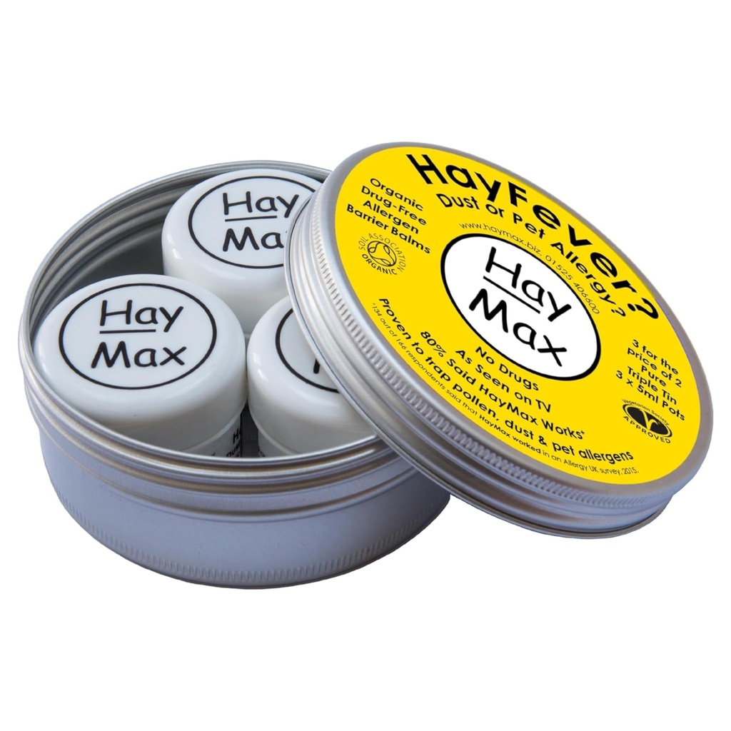 HayMAX Allergen Barrier Balm Triple Tin Pure - החבילה של 3 - אורגני, טבעי ולא-Drowsy Hay Fever & Allergy הקלה Balm - טראטים פולן, אבק ועוד חלקיקים אלרגנים - החל סביב Nose & Eyes