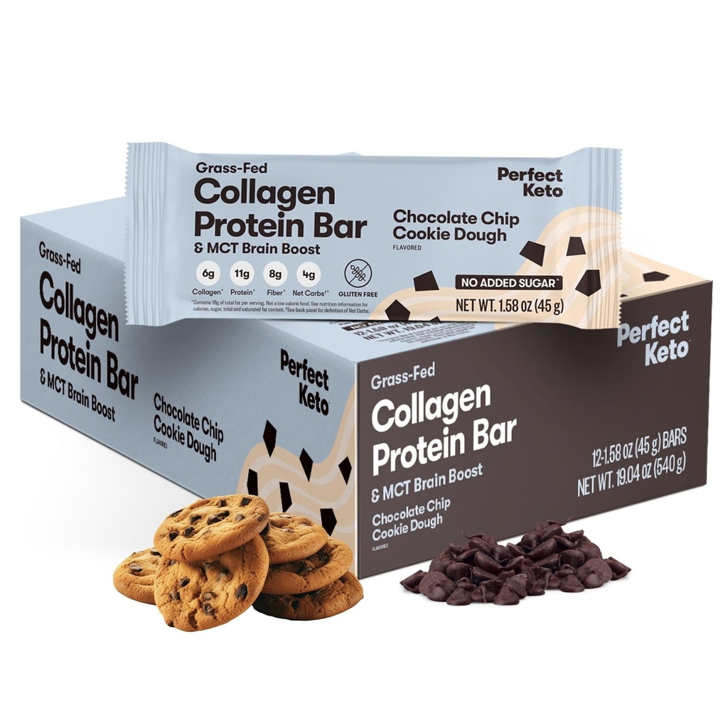 Perfect Collagen חלבונים Bars, Gluten Free Grass Fed Collagen + MCT שמן, פחמימות נמוכות, No Sugar הוסיף, חטיפים חלבונים גבוהים, Keto Diet Foods, 11g חלבון, 18g שומן, 3g Net Carbs, צ'יפ שוקולד, 12 Bars