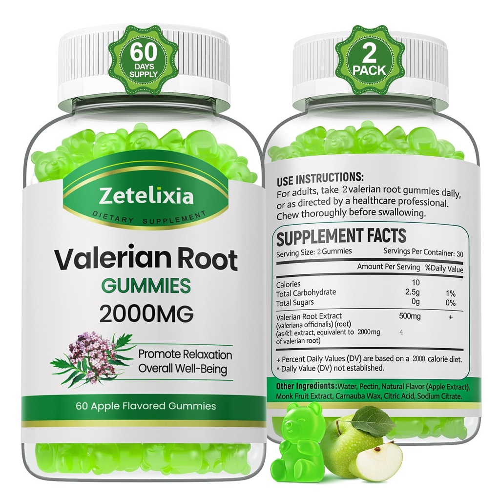 2 Pack Organic Valan Root Gummies, Herbal תוספת של תמיכה מרגיעה ו Mood, Sleep Gummies ללא מלטונין למבוגרים, טבעוני, non-GMO, Apple Flavor, 120 Count Count Count