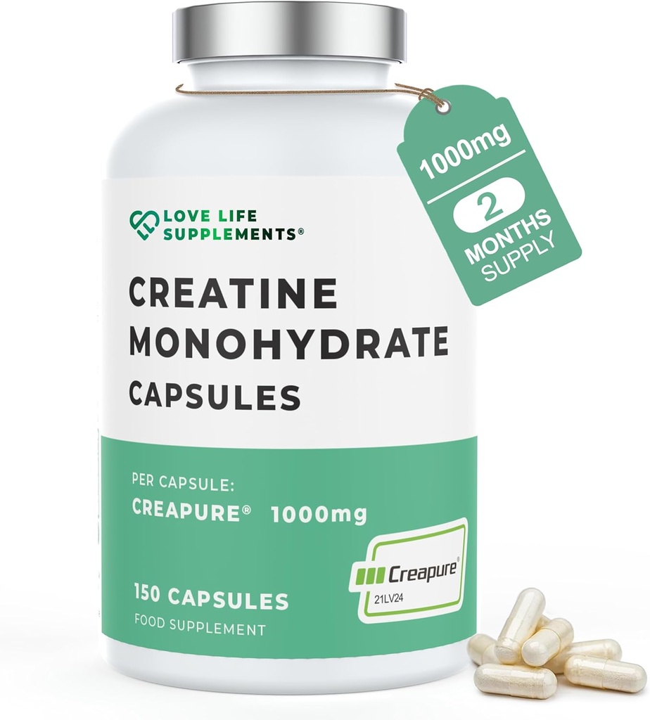 Love Life Supplements Creapure® Creatine Monohydrate, 150 קפסולות, 1 דקדוק לקפסולה (לא אבקה או טאבלטים), 30-50 משרתות, עבור בניית שרירים, כוח וכוח בחוץ, צד שלישי נבדק