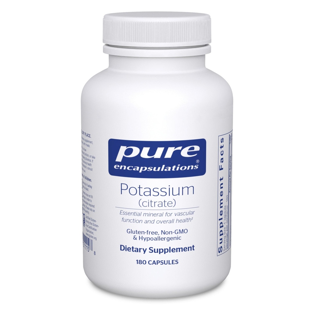 Pure Encapsulations Potassium (Citrate) - תוסף אלקטרוליטי חיוני לתמיכה בתפקוד העצבים והשרירים, Adrenals, הורמונים, בריאות הלב ואנרגיה * - קפסולת תפוחי אדמה - 180 קפסולות