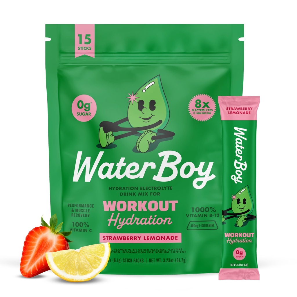 Waterboy Workout hydrotion | 2,960mg Sugar Free Electrolyte אבקת Packets | L-Glutamine + ויטמינים | No Sugar, All Natural, Gluten Free | 15 משקאות Stickes (Strawberry Lemonade)