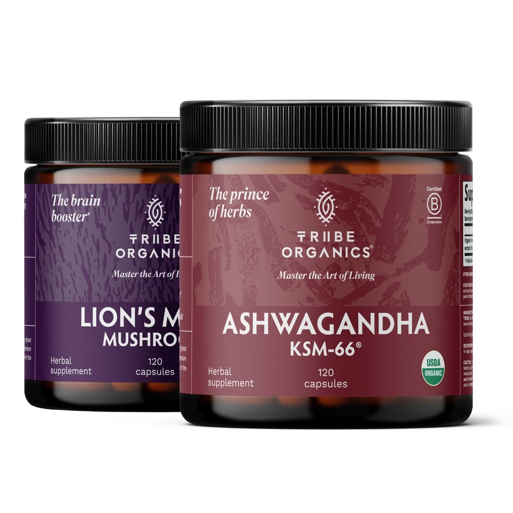 TRIBE ORGANICS NOOTROPIC Duo - KSM66 Ashwagandha + Organic Lion's Mane - Beyond Focus, מודעות ומחשבה