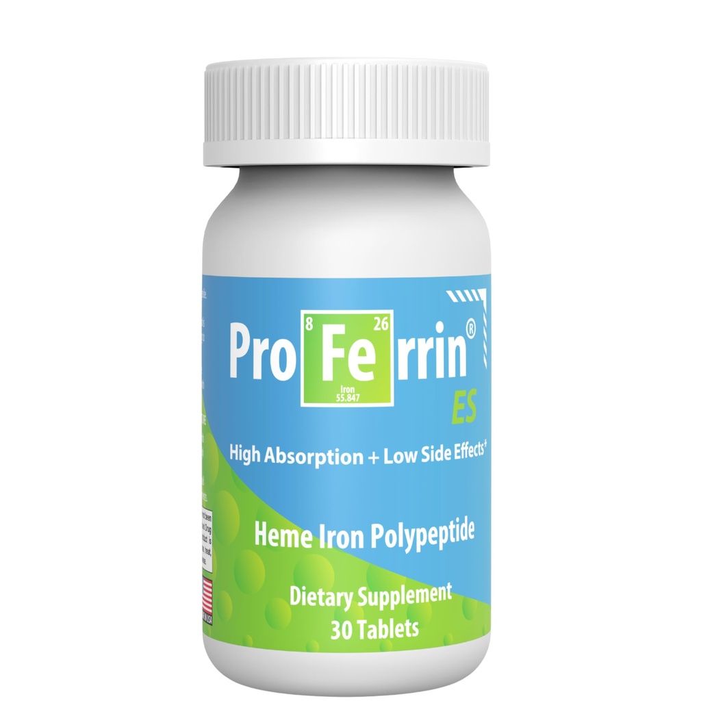 פרופ'ררין ES- 10.5 מ"ג של אבסורינג גבוה Heme Iron Polypeptide. מיוצר בארצות הברית 30 טבליות. קל על The Gut לא מושפע מקפה, קלוריות או PPI.