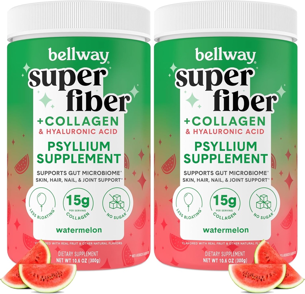 Bellway Super סיבים אבקת + Collagen (2 Pack), אבקת סוכר חינם Psyllium Husk עם Collagen Peptides ו Hyaluronic Acid for Gut Health, Skin, Nails, Bones & Joints, Watermelon (21.2 oz)