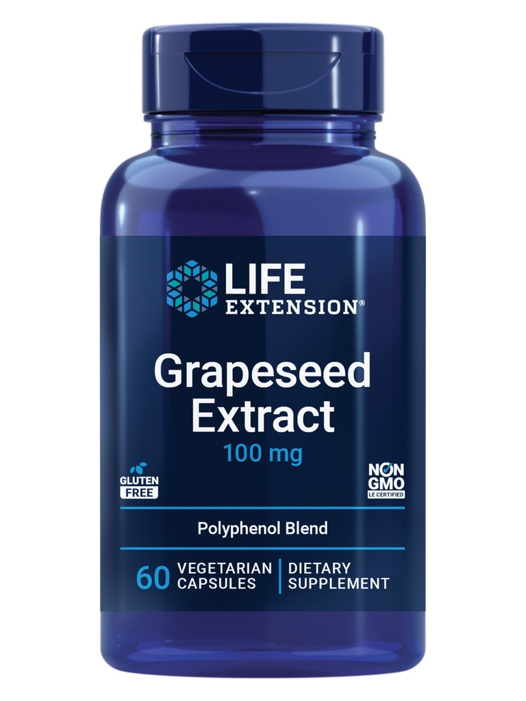 Life Extension Grapeseed Extract, ויטמין C, Calcium, resveratrol, polyphenols, Cardiovascular Health, נוגד חמצון, Gluten-Free, non-GMO, Vegetarian, 60 קפסולות