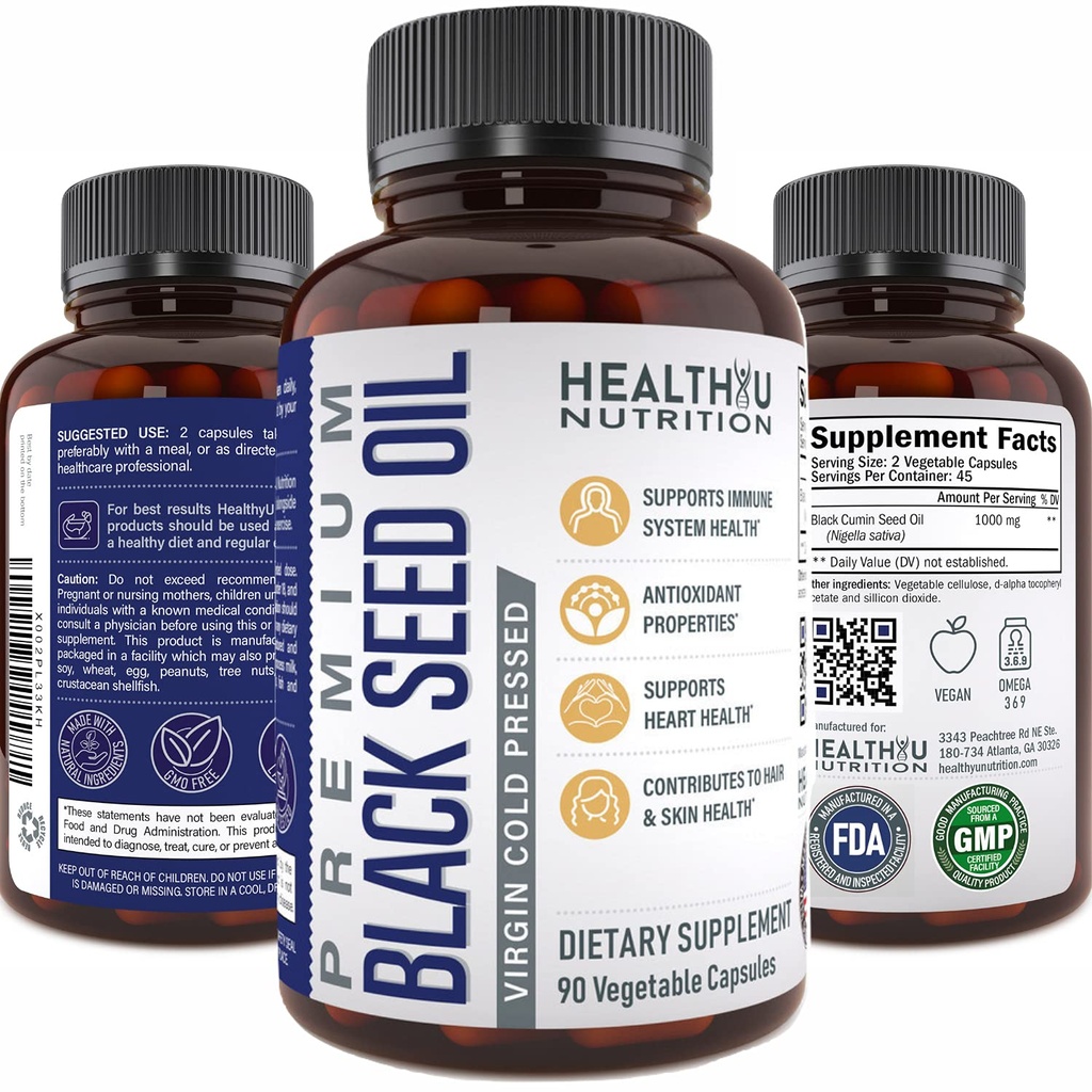 Premium Black Cumin Seed Oil קפסולות - Virgin Cold Pressed Nigella Sativa Black Seed Oil Pills - Immune Support Supplement - אומגה 3 6 9 9 9 ויטמין E Blackseed for Nails Hair Skin 1000 מ"ג p / משרת