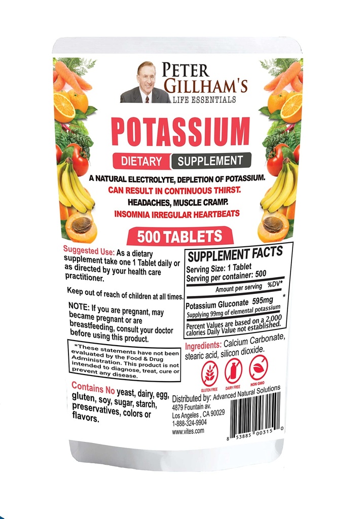 פיטר Gillham's Life Essentials Potassium Gluconate טבליות 595 מ"ג, 500 טבליות, תמיכה אלקטרוליטה Balance, Made בארה"ב (Package May Vary)