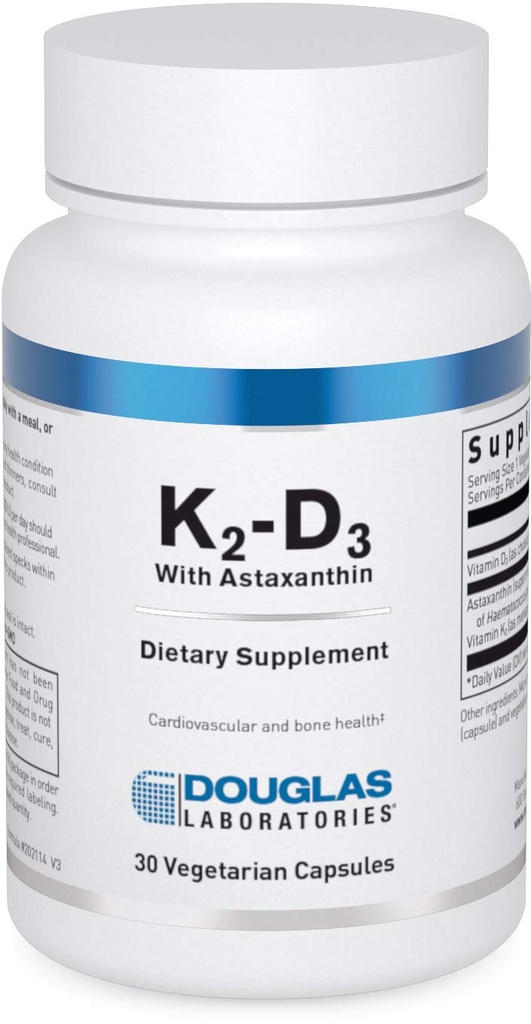 דאגלס מעבדות K2-D3 עם Astaxanthin - תמיכה אנטי-חמצן עבור עצמות, Immune Function & Vascular Health * עם Menaquinone-7 & D ויטמין - 30 קפסולות צמחוניות