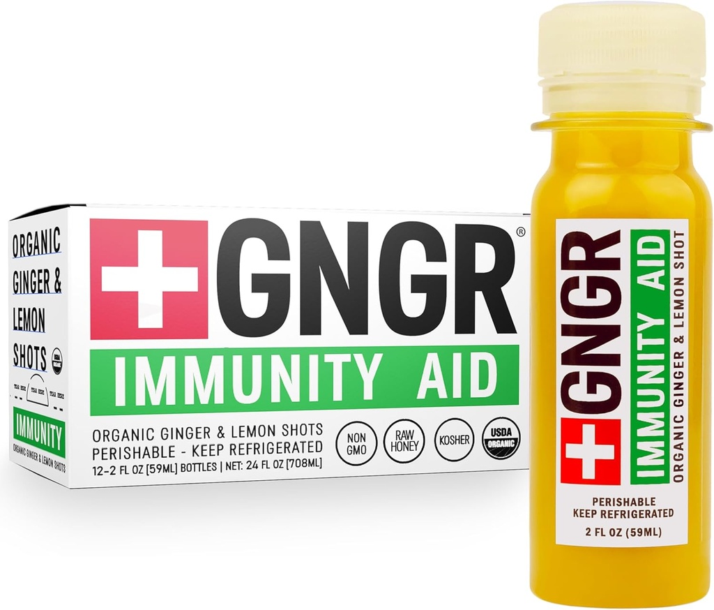 +GNGR Immunity Aid אורגני ג'ינג'ר, Lemon & Honey Shot - Cold Pressed Gig Shots with Echinacea, Lemon Juice, Honey, Zinc & ויטמין D3, Immune & Digestive Support 2 floz (Pack of 12)