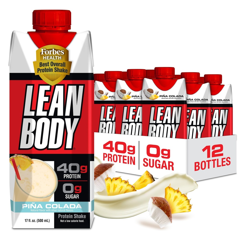 Lean Body Ready to-Drink Pina Colada חלבון שקד, 40g חלבון, Whey בלנדר 0 סוכר, Gluten Free, 22s & מינרלים, 17 Fl Oz (Pack של 12)