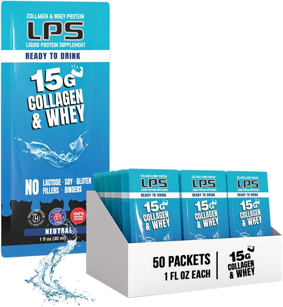 LPS נוזל קולגן & Whey חלבון תוספת - משקה non-GMO, סוכר חינם - מקדם עור בריא שיער לגברים ונשים, Neutral, Single Serve (50 Packets)