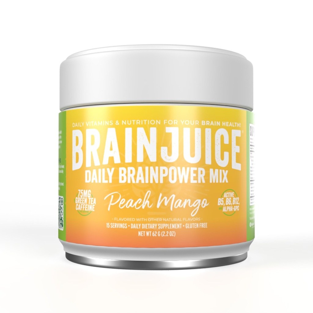 BrainJuice Nootropics המוח תמיכה תוספי, אבקת Gluten חינם עבור אנרגיה להתמקד, לשתות לערבב עם L Theanine, Alpha GPC, ויטמין B, אורגני תה לחלץ קפאין, Peach מנגו, 15 משרתים